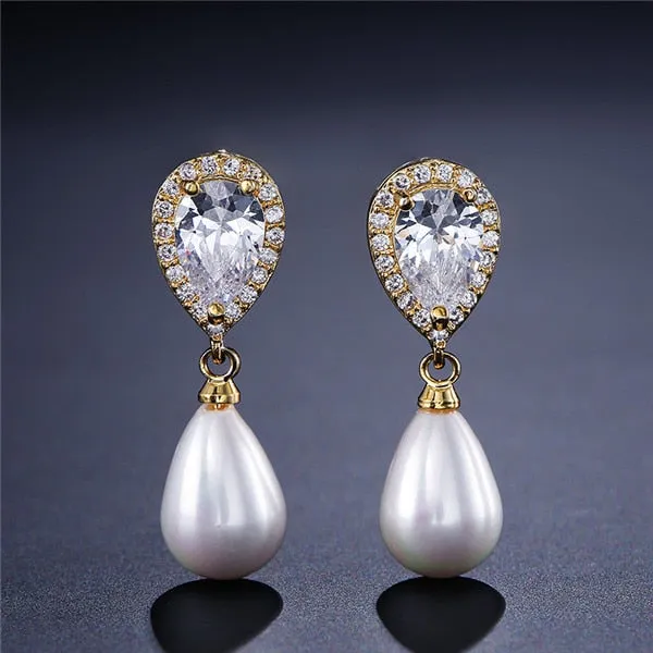 Water Drop Shape Bridal Pearl Earrings  AAA Cubic Zirconia Long Drop Earrings