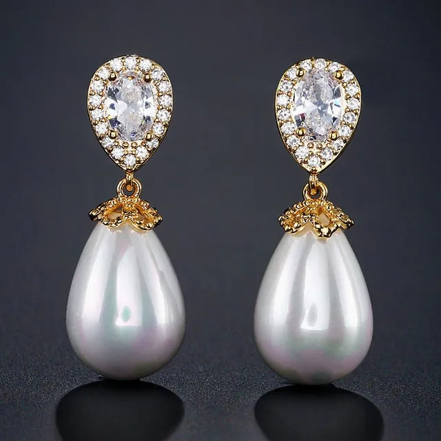 Water Drop Shape Bridal Pearl Earrings  AAA Cubic Zirconia Long Drop Earrings