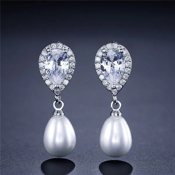 Water Drop Shape Bridal Pearl Earrings  AAA Cubic Zirconia Long Drop Earrings