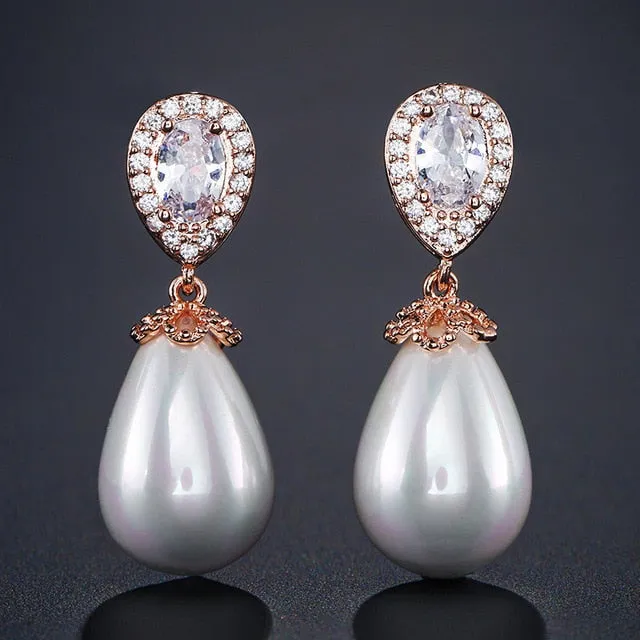 Water Drop Shape Bridal Pearl Earrings  AAA Cubic Zirconia Long Drop Earrings