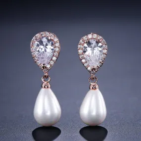 Water Drop Shape Bridal Pearl Earrings  AAA Cubic Zirconia Long Drop Earrings