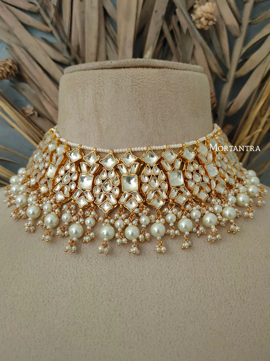 White Color Gold Plated Jadau Kundan Necklace Set - MS1617Y