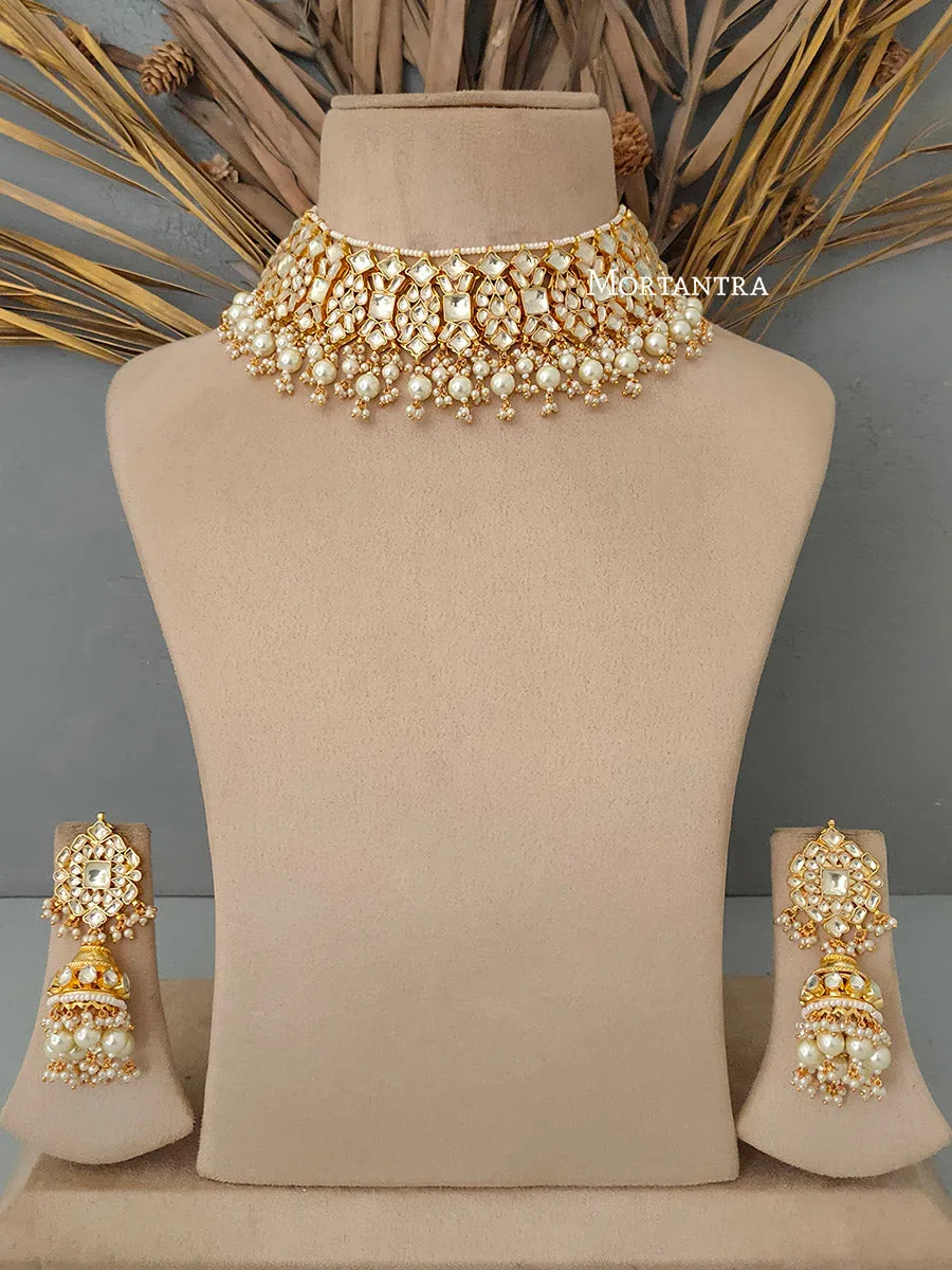 White Color Gold Plated Jadau Kundan Necklace Set - MS1617Y