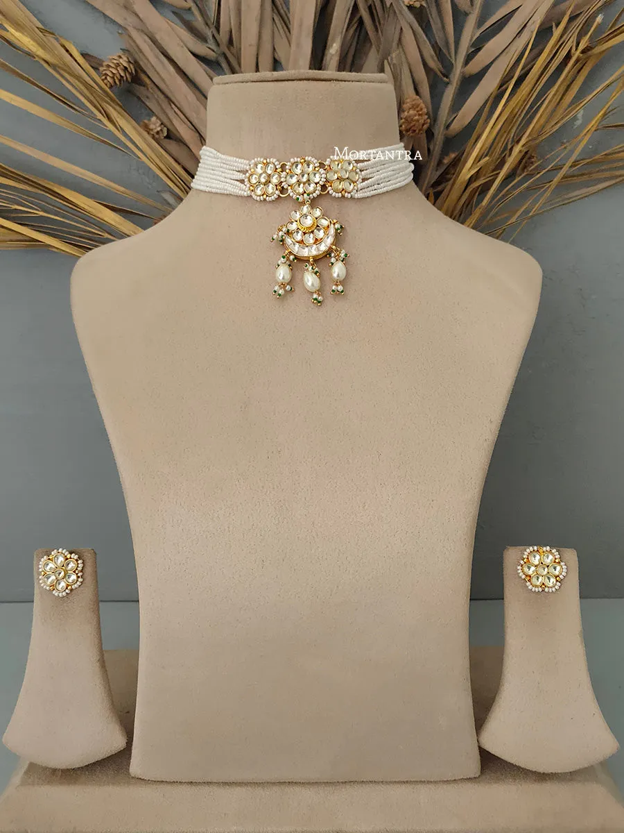 White Color Gold Plated Jadau Kundan Necklace Set - MS1626Y