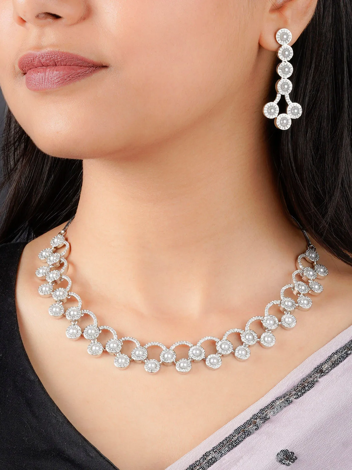 White Color Silver Plated Faux Diamond Necklace Set - CZSET313