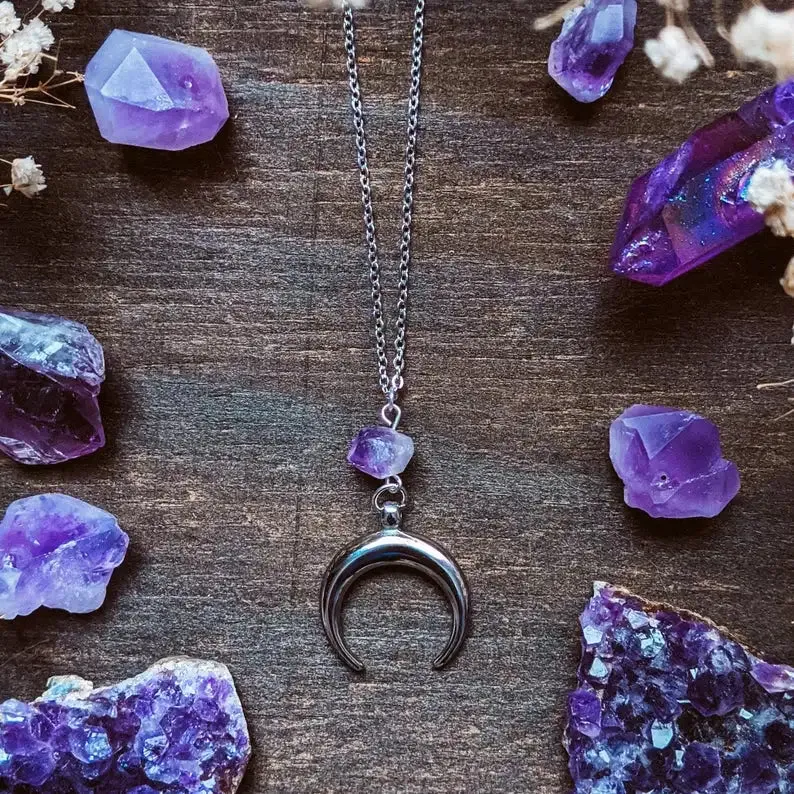 Witch Crystal Amethyst Crescent Moon Necklace - Mystical Wiccan Goddess Jewelry