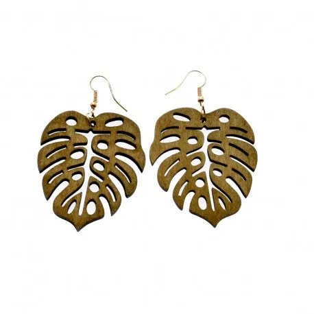 Wooden Monstera Leaf Dangle Earrings