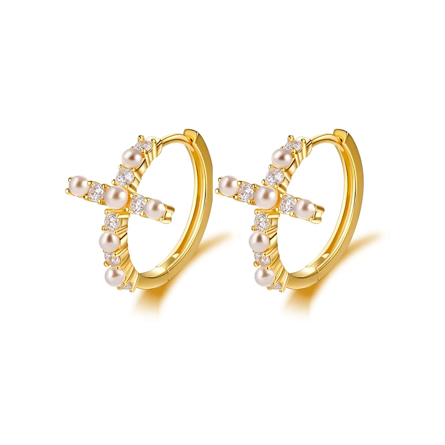 Zircon and Pearl Cross Silver Hoop Earrings for Women