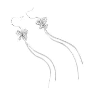 Zircon Bowknot Long Tassel Silver Drop Earrings for Women