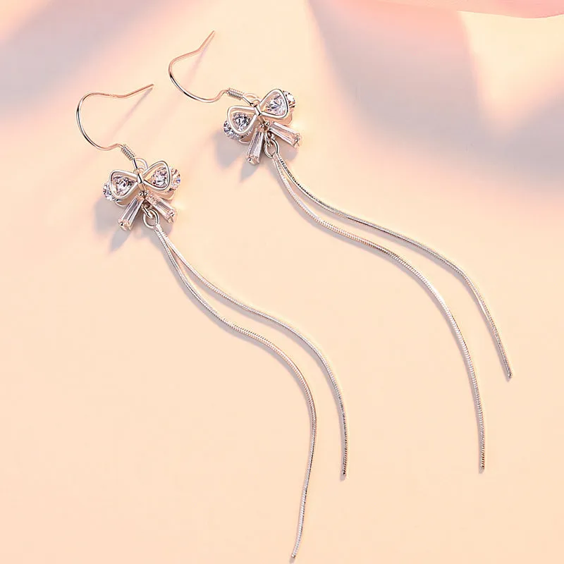 Zircon Bowknot Long Tassel Silver Drop Earrings for Women