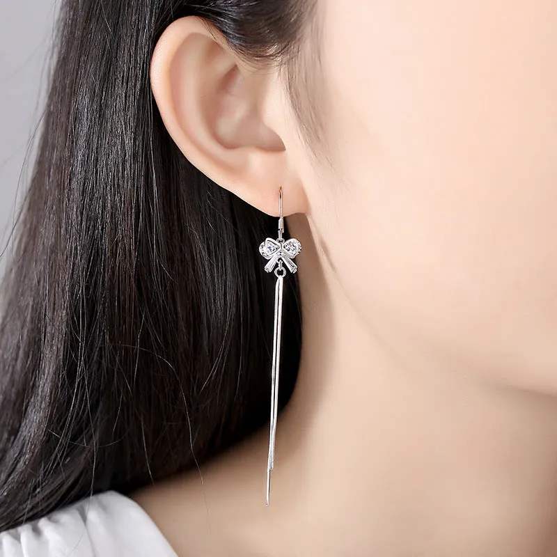 Zircon Bowknot Long Tassel Silver Drop Earrings for Women