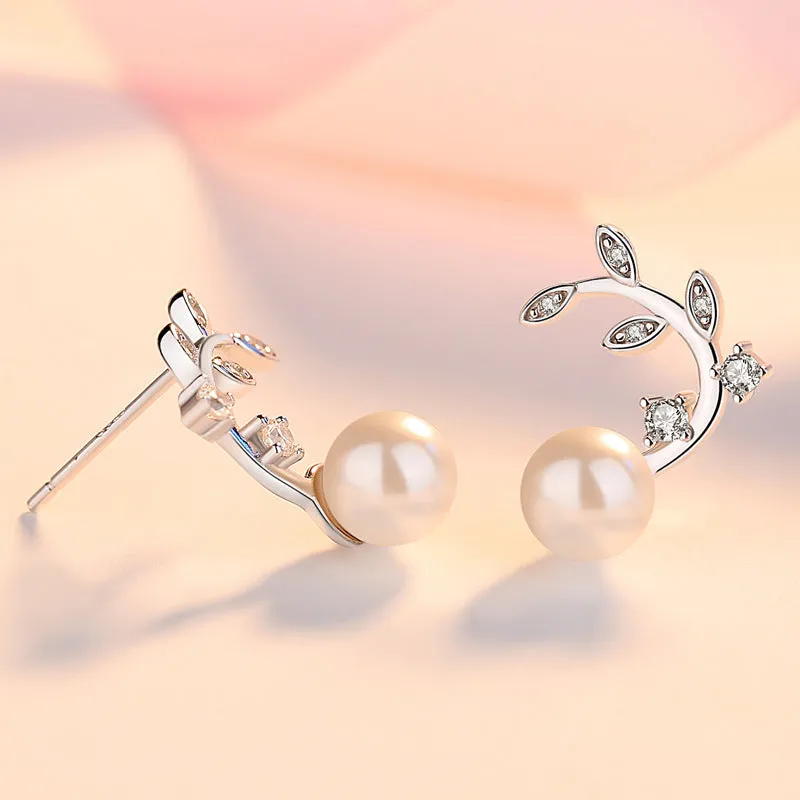 Zircon Branch with Pearl Silver Studs Earrings for Women