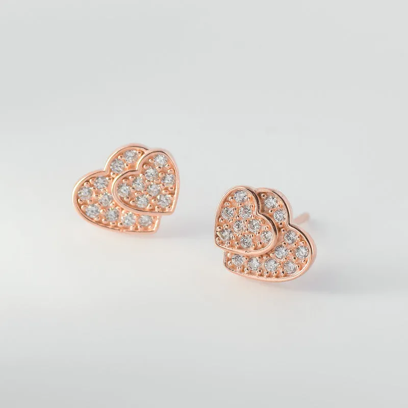 Zircon Double Heart Silver Stud Earrings for Women