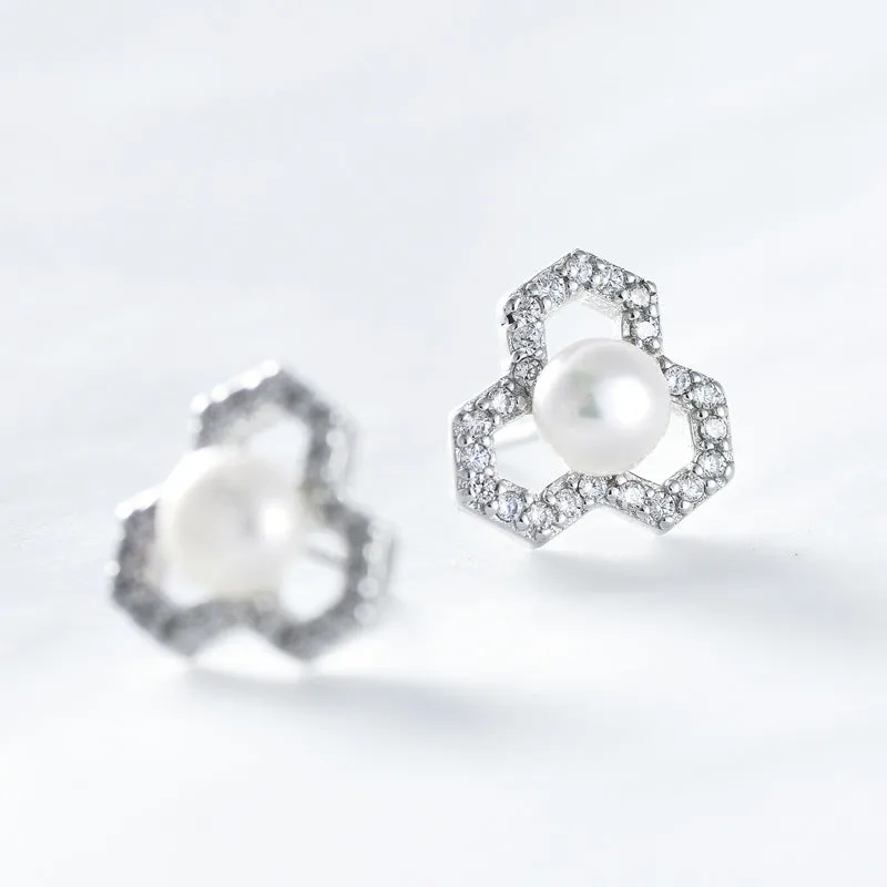 Zircon Hollow Geometric Shape with Freshwater Pearl Silver Stud Earrings for Women