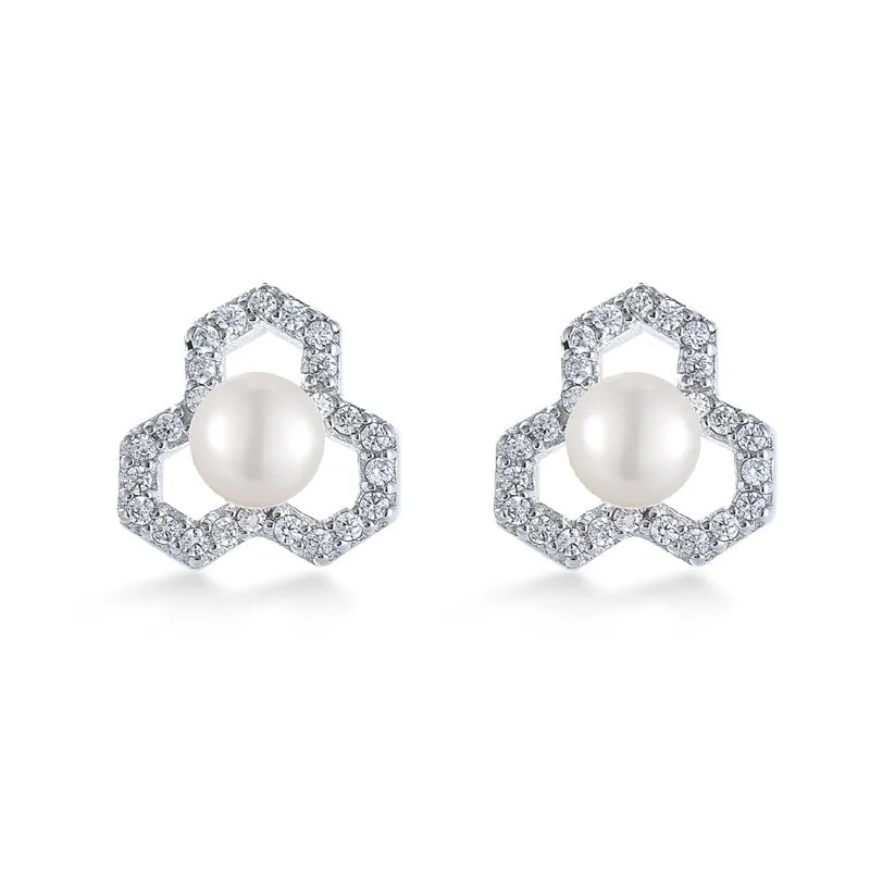 Zircon Hollow Geometric Shape with Freshwater Pearl Silver Stud Earrings for Women