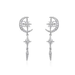 Zircon Moon Star Tassel Silver Drop Earrings for Women