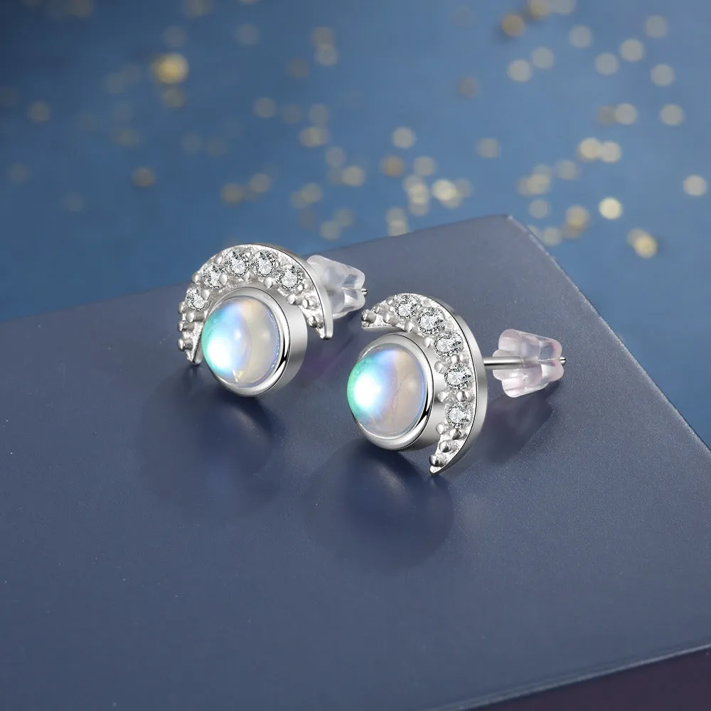 Zircon Moon with Round Moon Stone Sterling Silver Stud Earrings