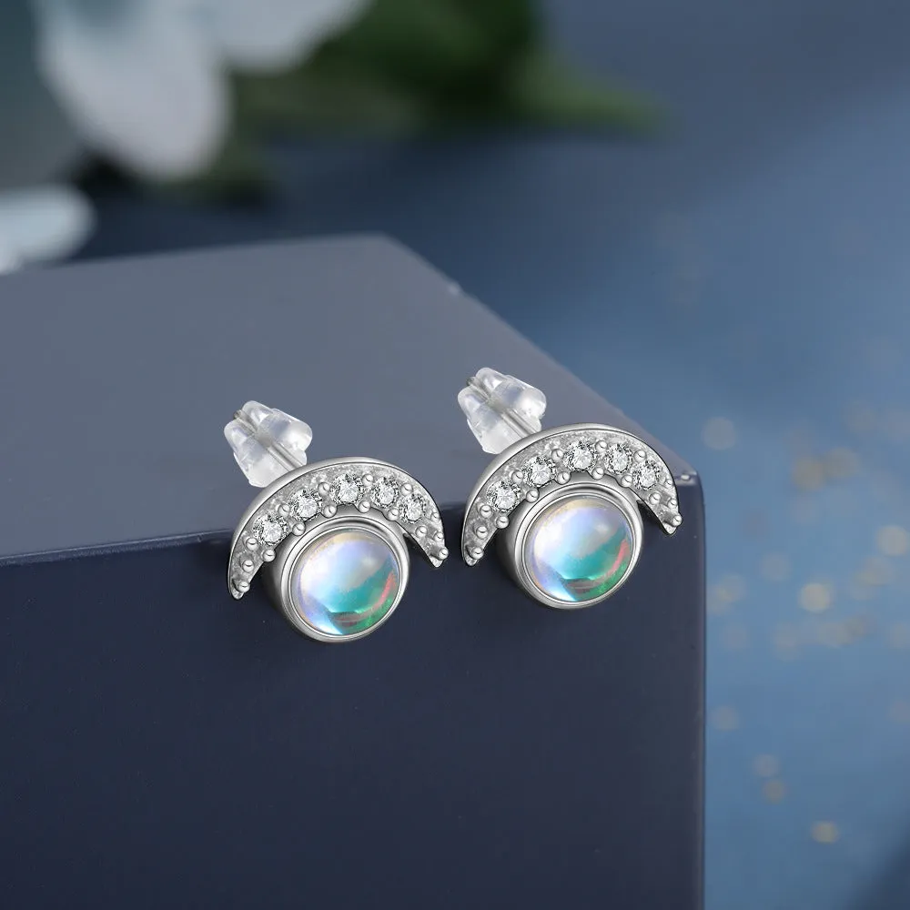 Zircon Moon with Round Moon Stone Sterling Silver Stud Earrings