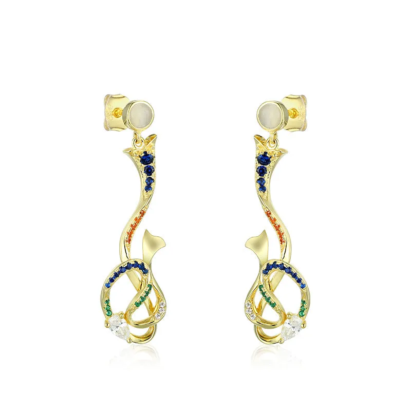 Zircon Ribbon Design with Opal Stone Silver Drop Earrings for Women